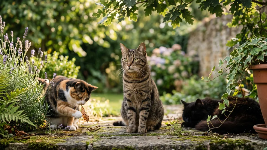 Three Cats in Sunny Garden