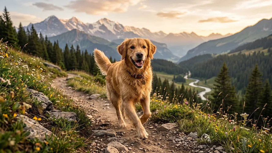 Happy Golden Retriever Hiking in Mountains