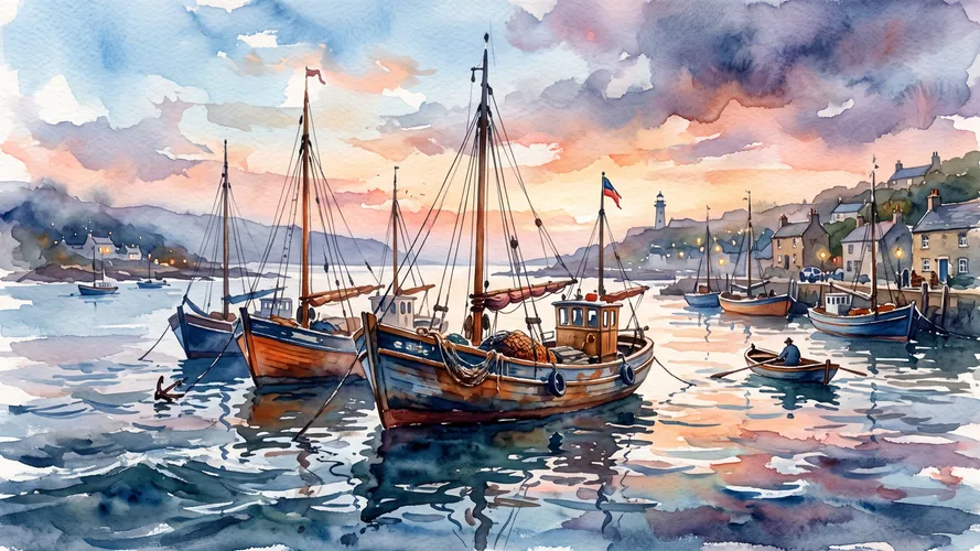 Watercolor Harbor Boats at Sunset