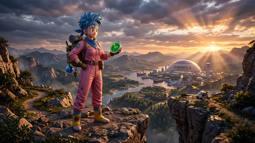 Bulma Exploring Sunset Landscape