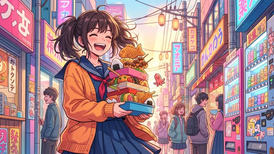 Happy Schoolgirl With Delicious Street Food