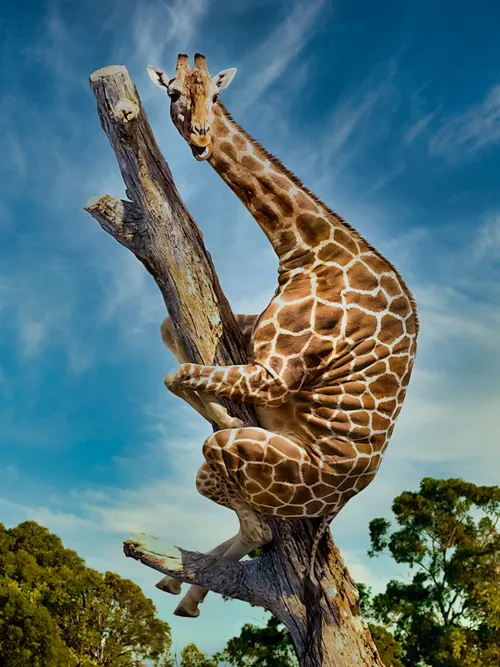 Giraffe climbing a tree