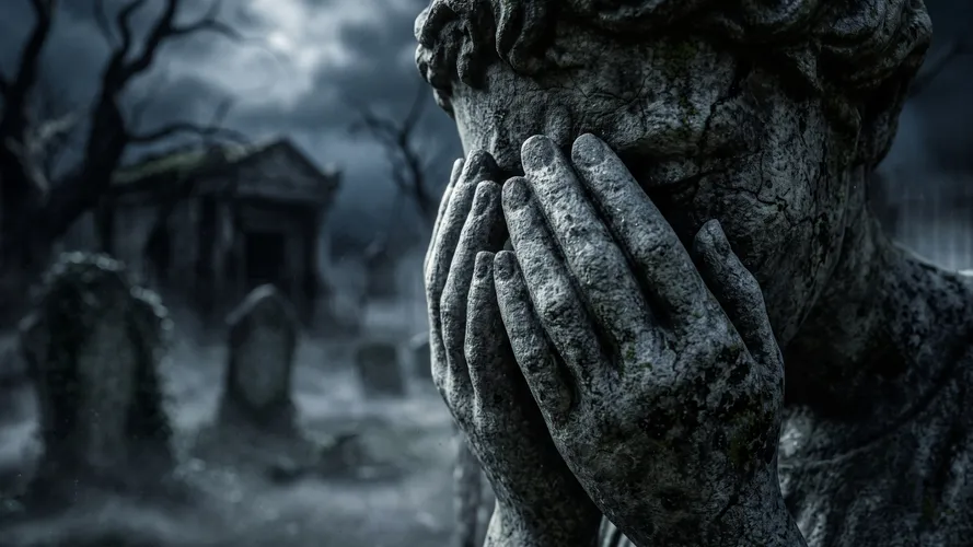 Weeping Statue in Dark Graveyard