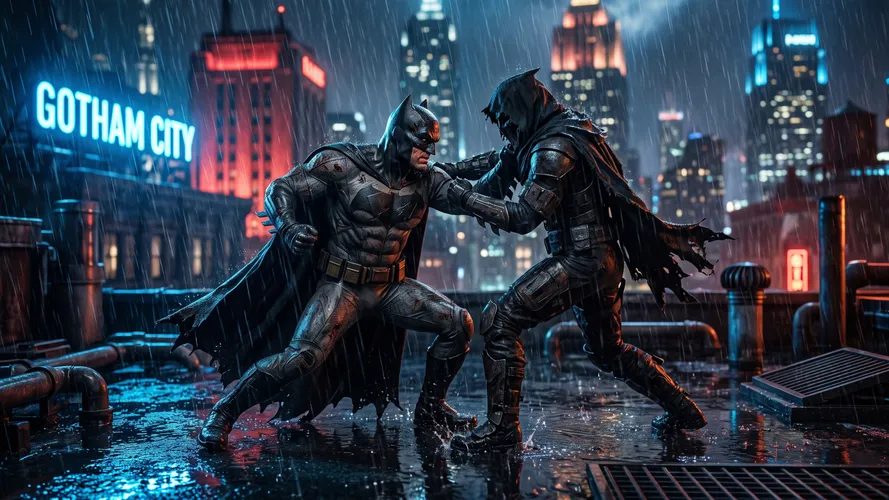 Batman Fighting in Gotham Rain