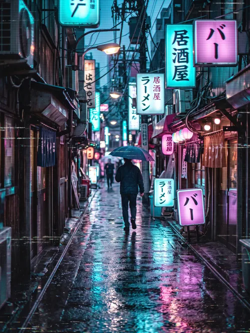 Neon Lights in Rainy Alley