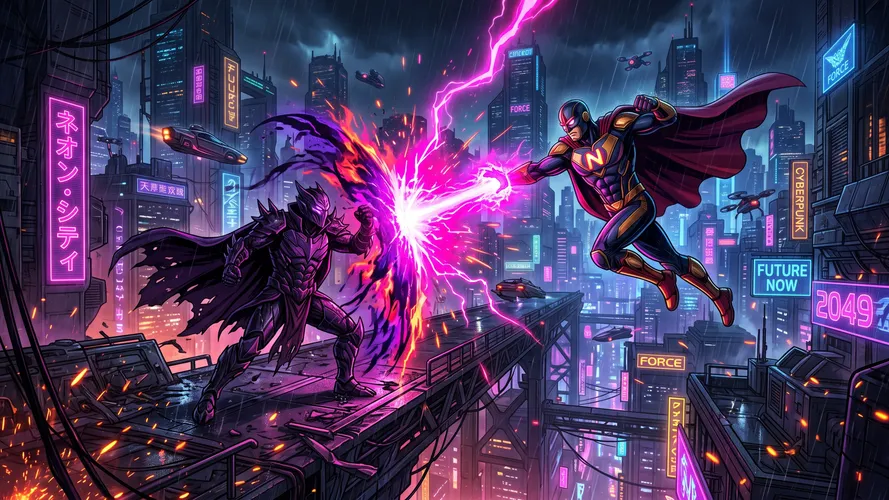 Cyberpunk Superhero Battle in Neon City