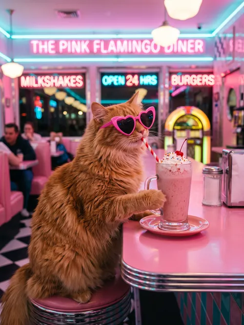 Fluffy Cat Drinking Milkshake in Diner