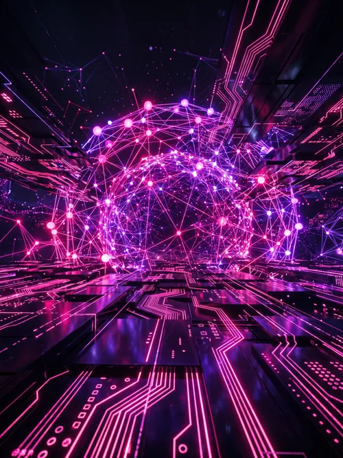 Neon Cybernetic Digital Network Sphere