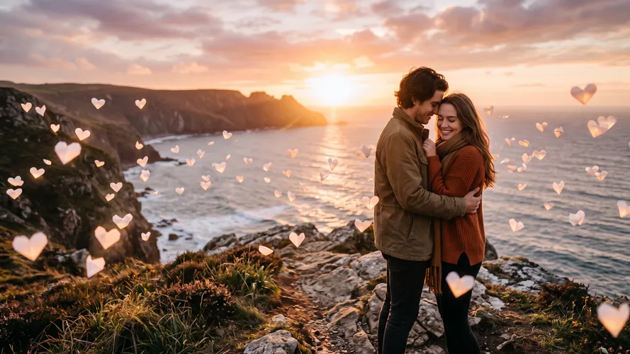 Romantic Couple Embracing at Sunset