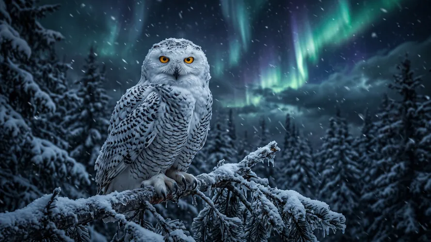 Snowy Owl Under Northern Lights