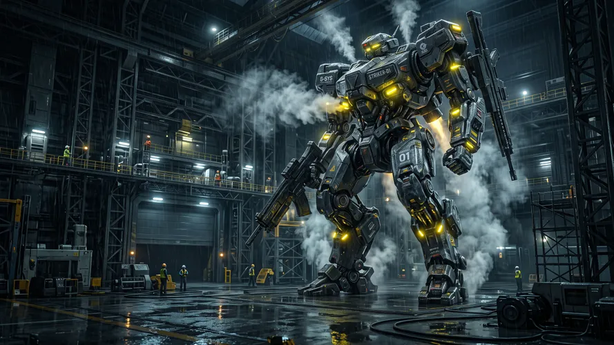 Massive Armed Mech in Hangar