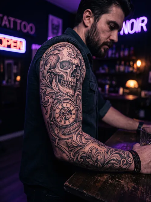 Man with Detailed Skull Tattoo