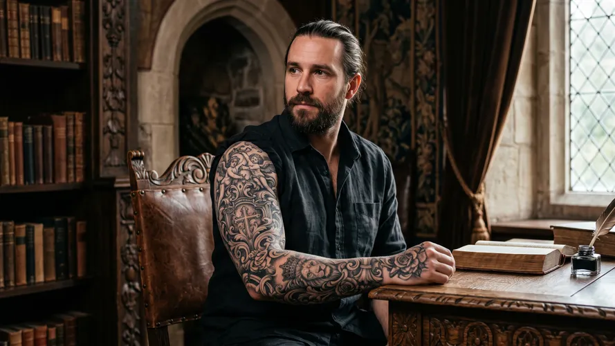 Bearded Man with Tattoos in Library