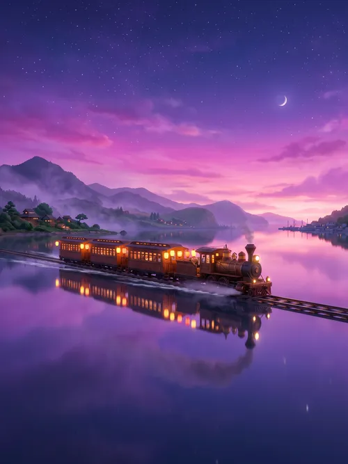 Magical Train on Water at Night