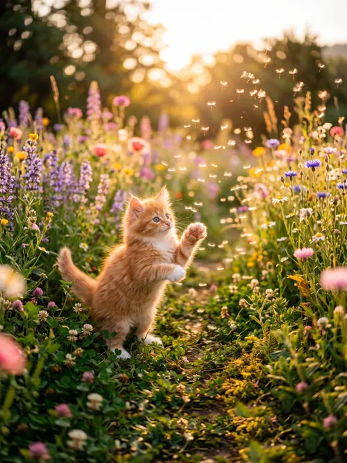Fluffy Kitten Playing in Wildflower Meadow