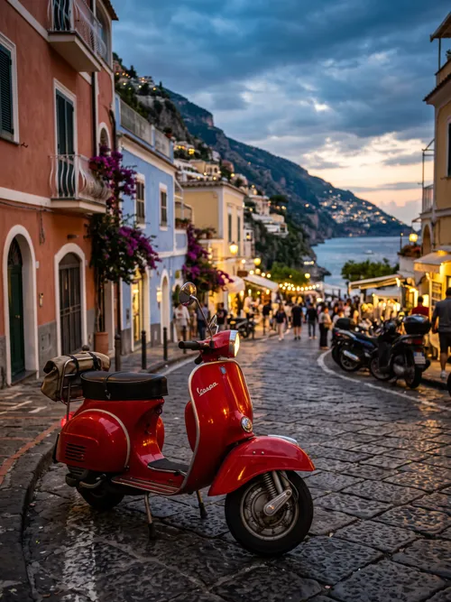 Red Vespa in Coastal Village