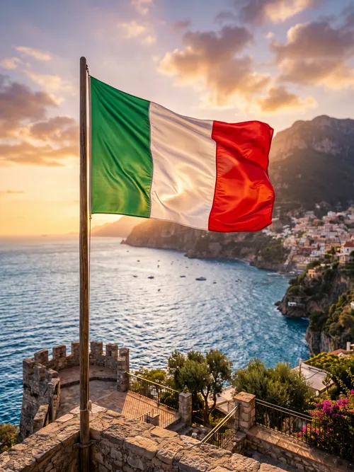 Italian Flag Overlooking Amalfi Coast