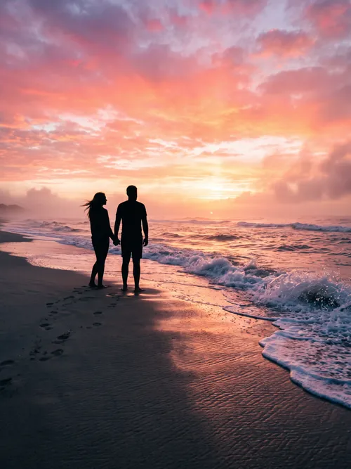Romantic Couple Walking at Sunset