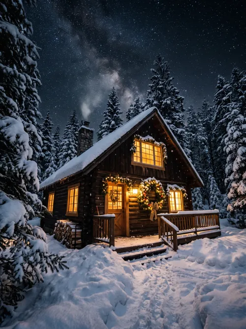 Cozy Winter Cabin Under Starry Night