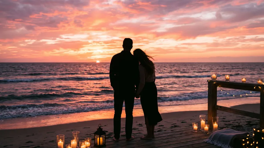 Romantic Sunset Beach Couple Wallpaper