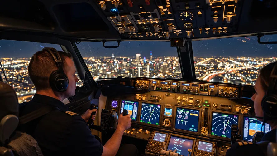 Night Flight Over City Skyline
