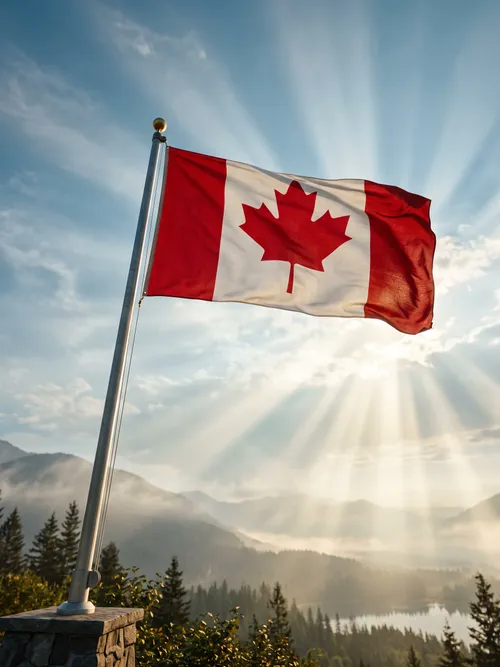 Canadian Flag in Mountain Landscape