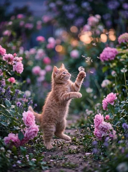 Playful Kitten in Blooming Garden