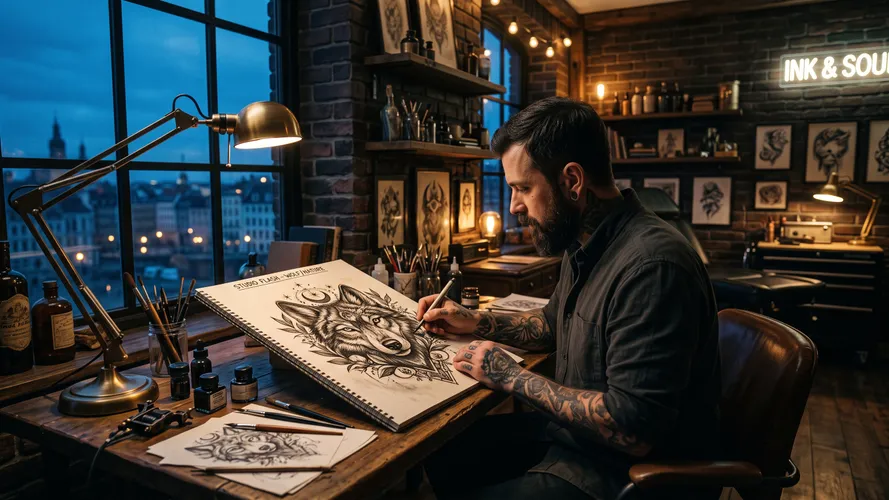 Tattoo Artist Sketching in Studio