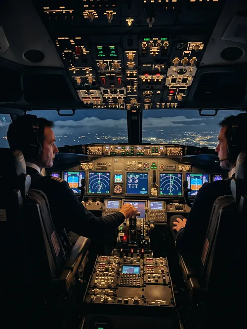 Pilots Navigating Airplane Cockpit at Night