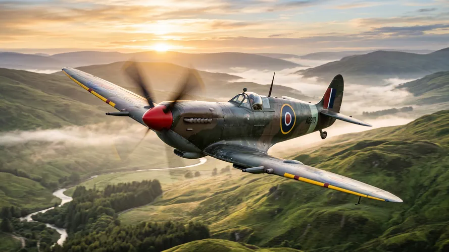 Vintage Fighter Plane Flying Over Hills