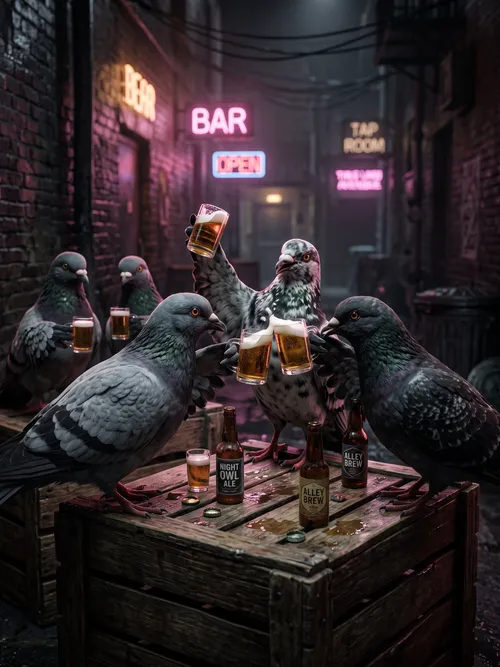 Pigeons Toasting Drinks in Alley