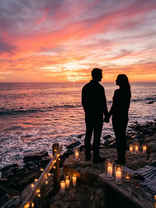 Romantic Couple Watching Sunset by Ocean