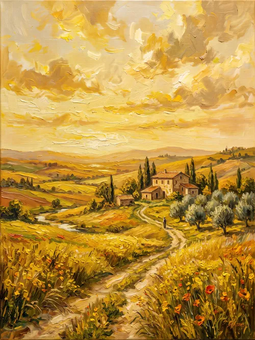 Golden Tuscan Countryside Oil Painting