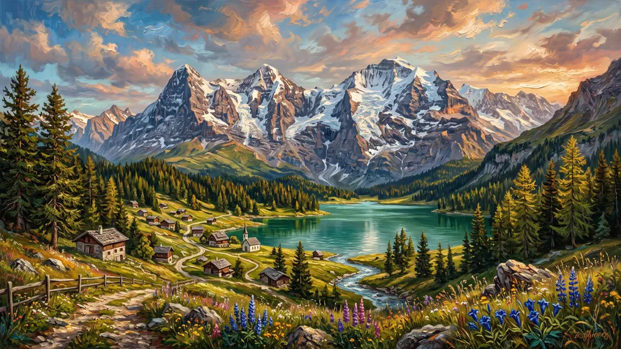 Scenic Mountain Valley Lake Landscape