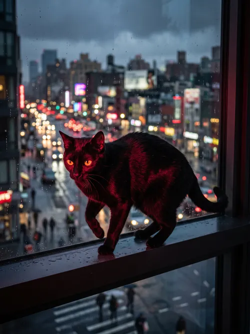 Black Cat on City Window